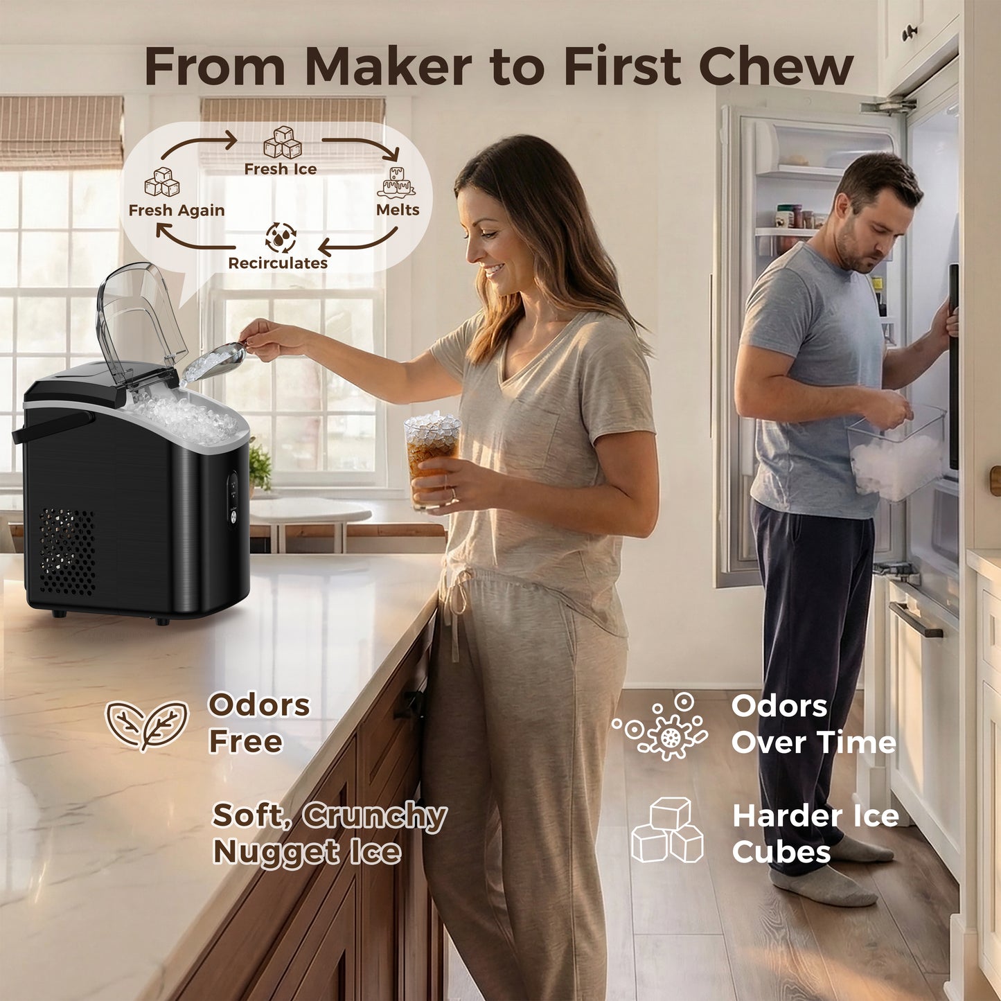 Goosiay 33lb Nugget Ice Maker Countertop, Portable Pebble Ice Machine with Handle, Soft Chewable Pellet, Stainless Steel Black