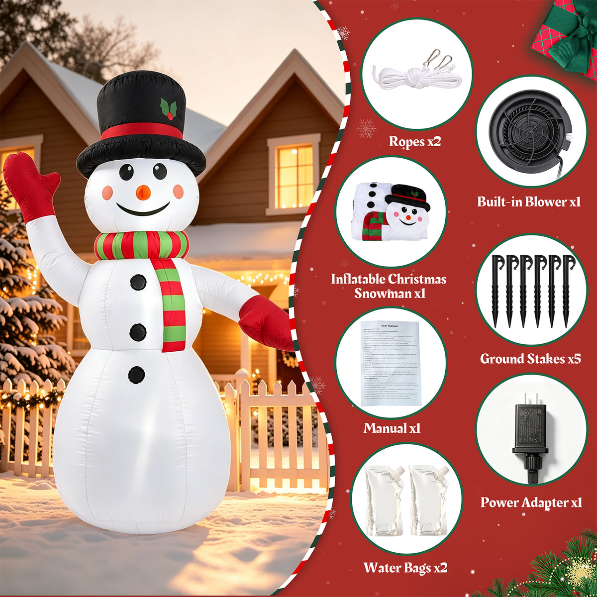 8 ft Christmas Snowman Inflatable with LED Lights, Blow up Outdoor Yard Lawn Decoration for Holiday Decor