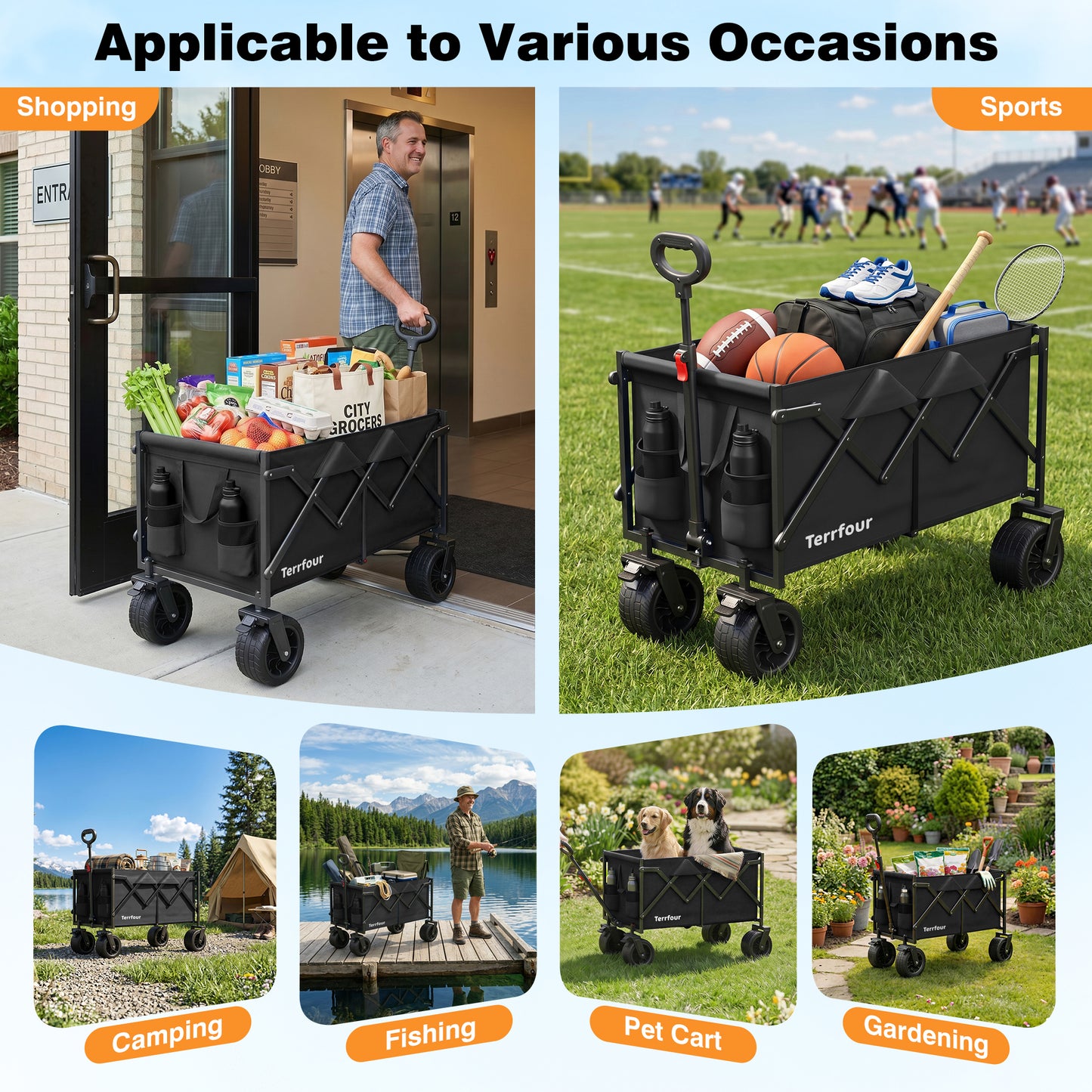 Terrfour Collapsible Wagon Cart with Tank Wheels, 580LBS Heavy Duty Folding Beach Wagon with Side Pocket for Camping Garden Sports Shopping, Black