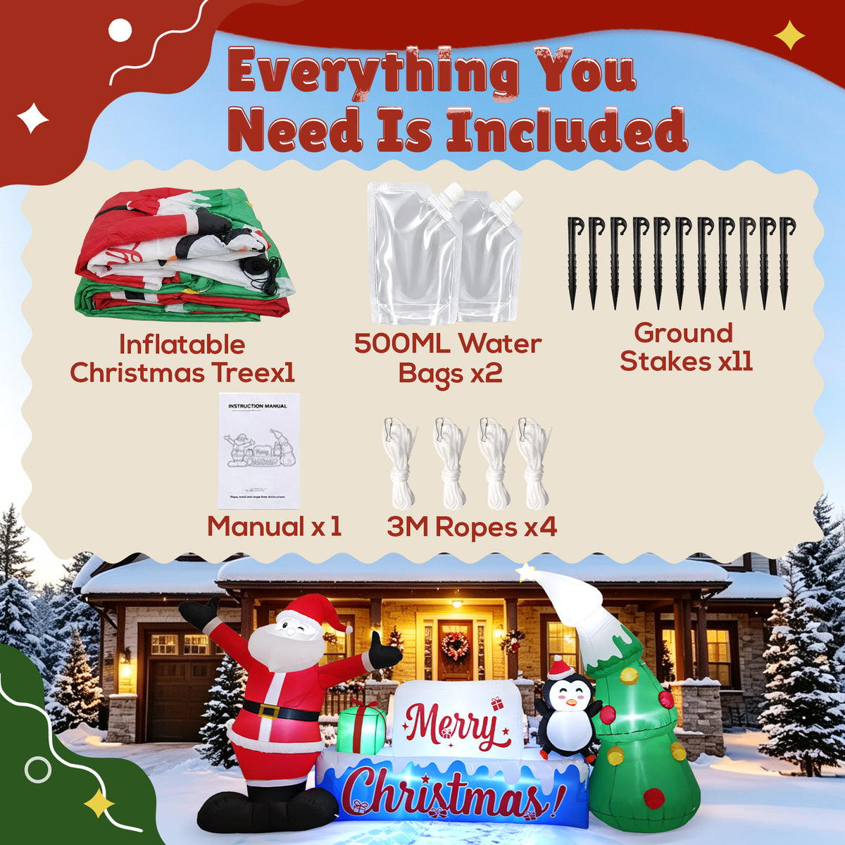 Goosiay 12 ft Christmas Inflatable Outdoor Decoration with Santa Claus, Penguin, Holiday Tree & Merry Christmas Sign, 10 LED Lights for Yard