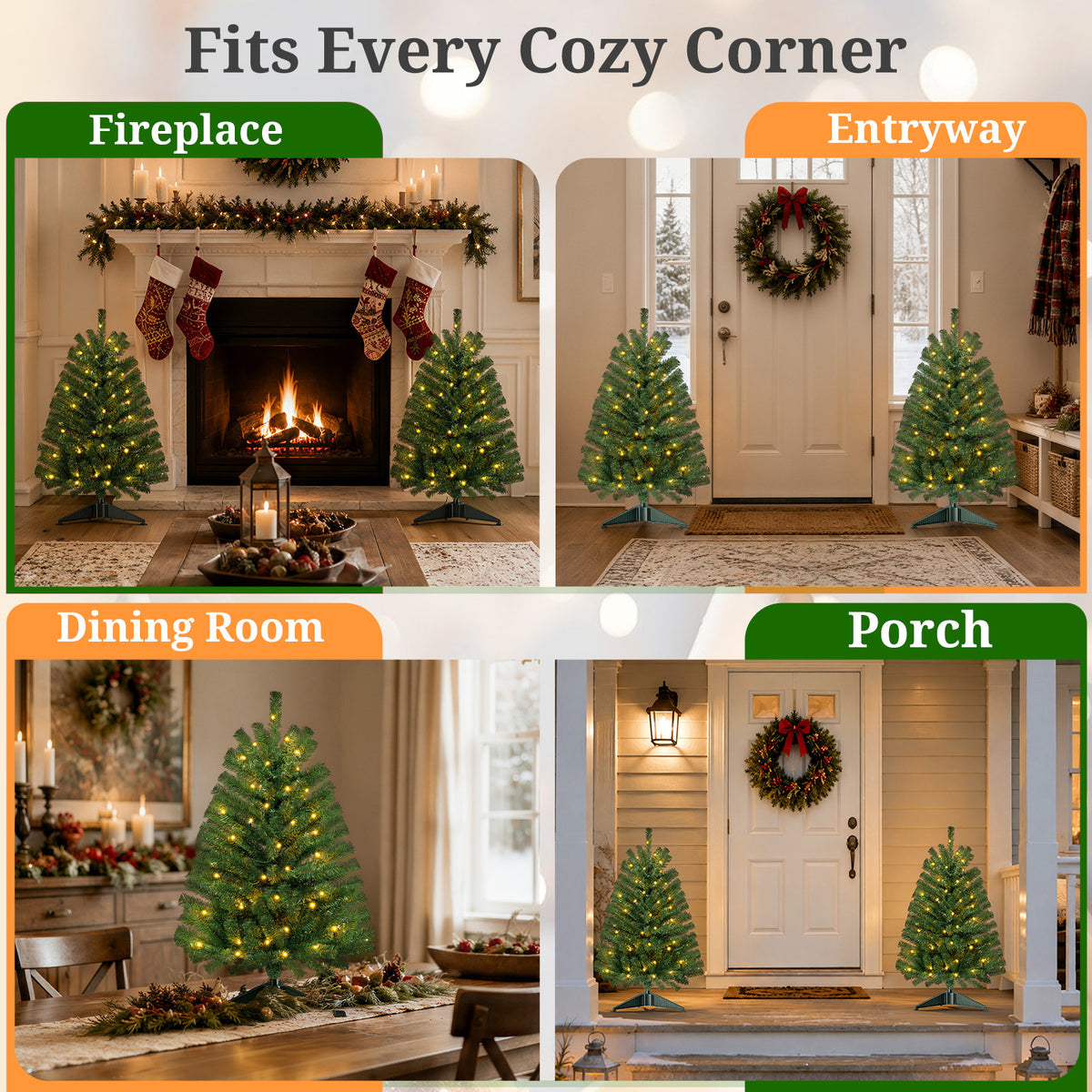 2Pack Christmas Tree, 3ft Pre-Lit Christmas Trees with Warm White LED Lights, Outdoor Porch Christmas Trees for Bedroom, Office, Entryway
