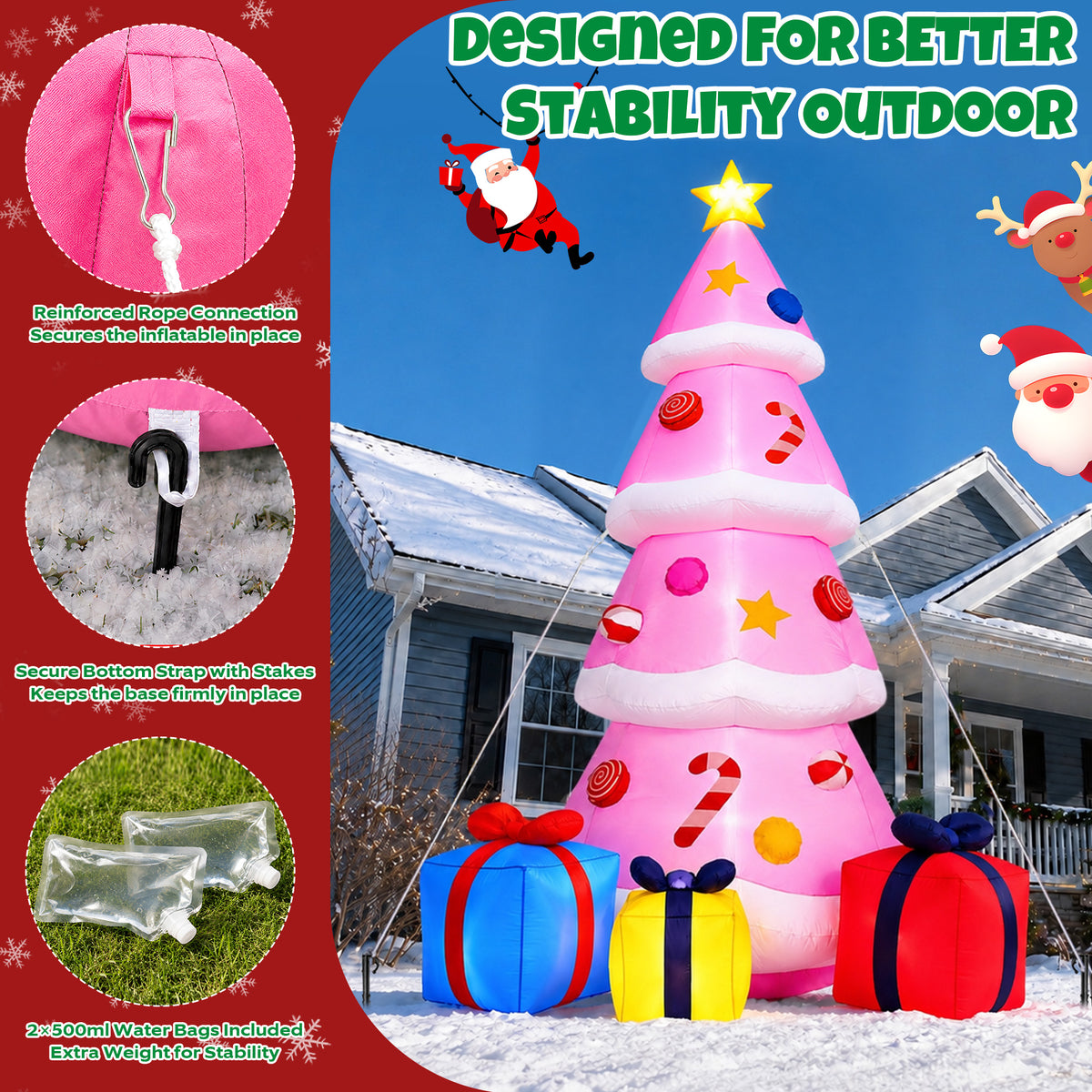 Goosiay 9ft Tall Pink Christmas Inflatables Tree with LED Lights and Gift Boxes, Outdoor Yard Decor