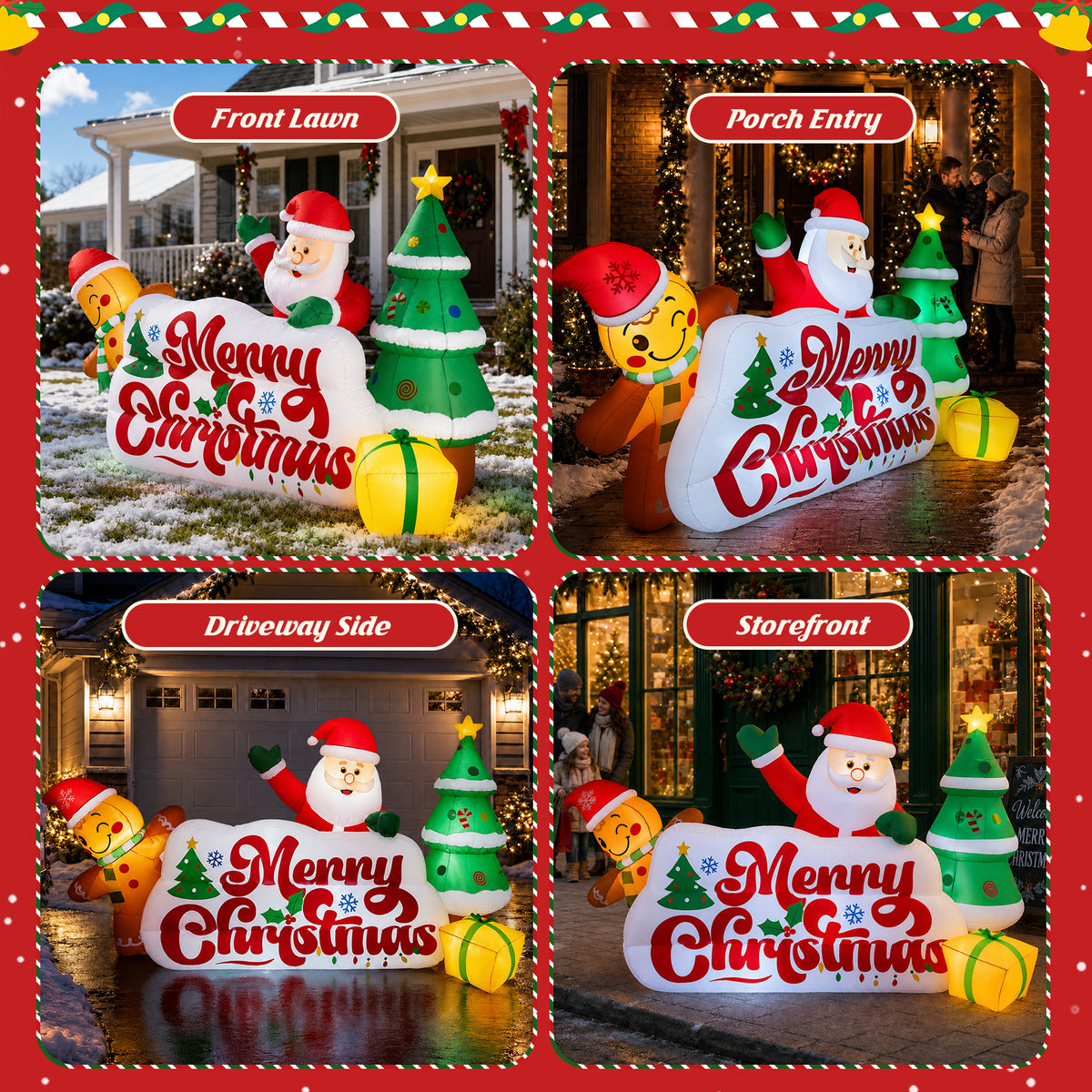 10ft Christmas Inflatables Outdoor Decorations, Merry Christmas Sign with Santa Gingerbread Christmas Tree, Built-in LEDs for Yard Lawn Garden