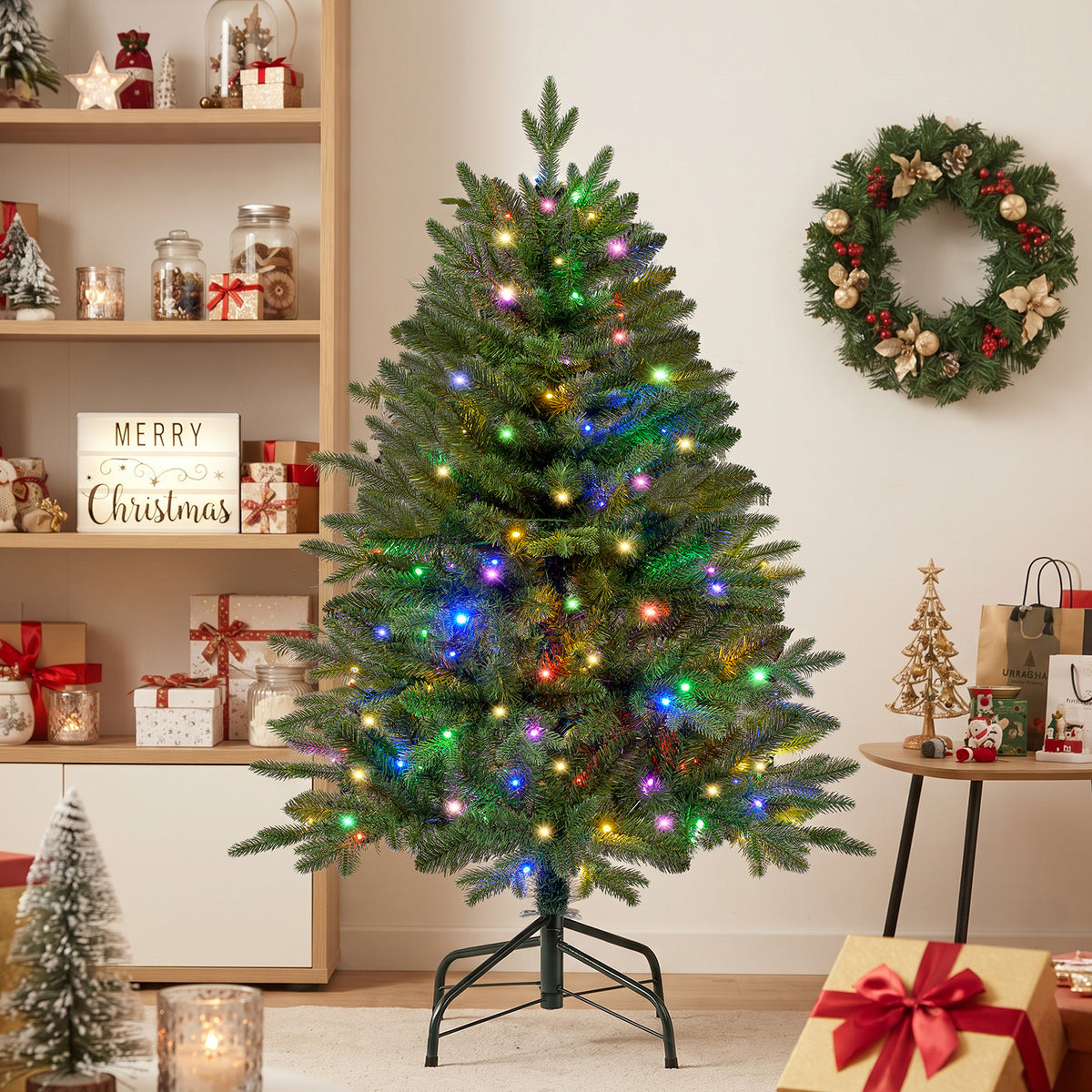 Christmas Tree, 4ft Pre-Lit Christmas Tree with 100 Warm White & Multicolor LED Lights, 465 PE & PVC Tips, Hinged Artificial Pine Tree for Small Spaces, Bedroom, Office, Entryway