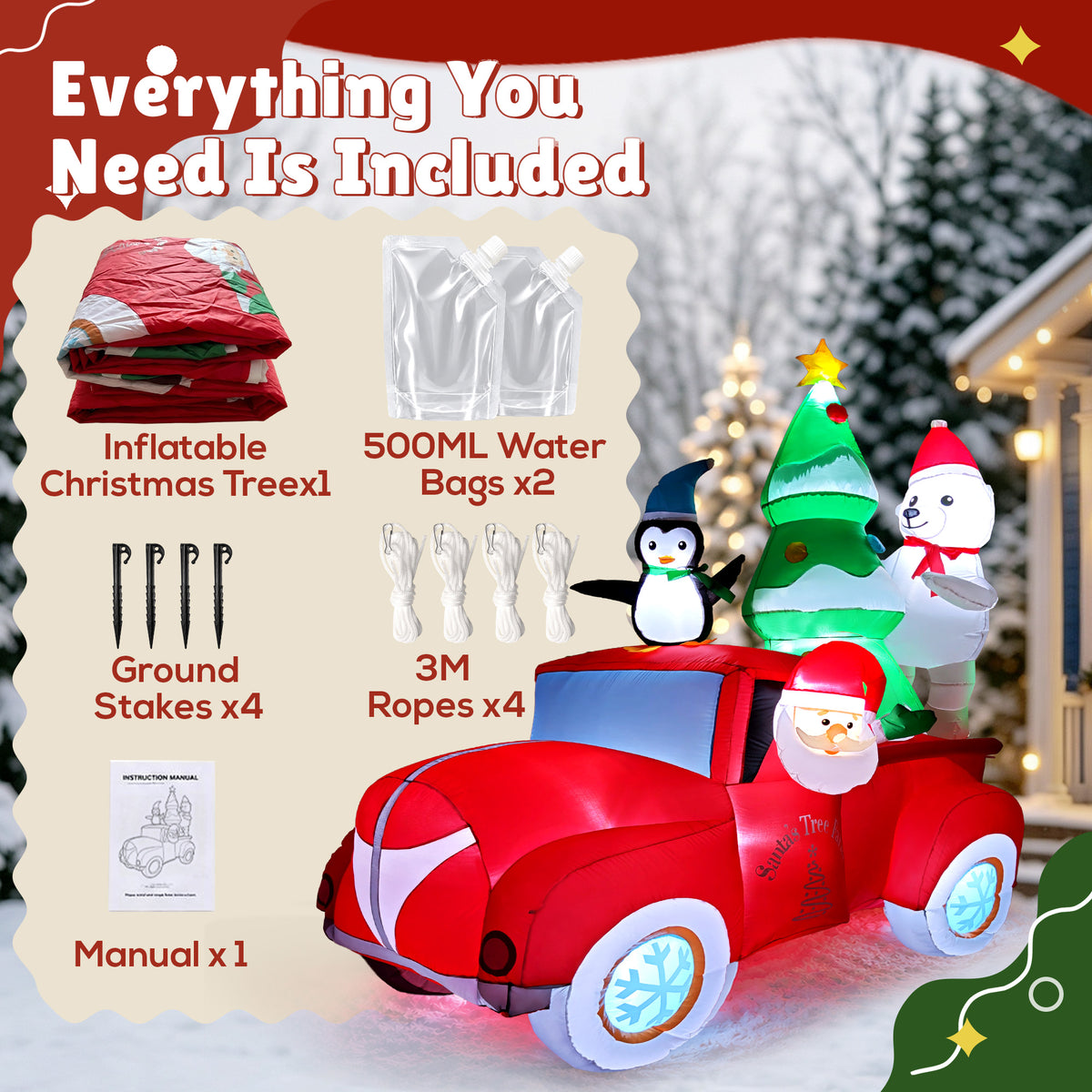 Goosiay 8 ft Outdoor Christmas Inflatable with Santa, Penguin, Polar Bear and Red Car, Built-in LED Lights for Yard, Lawn and Garden