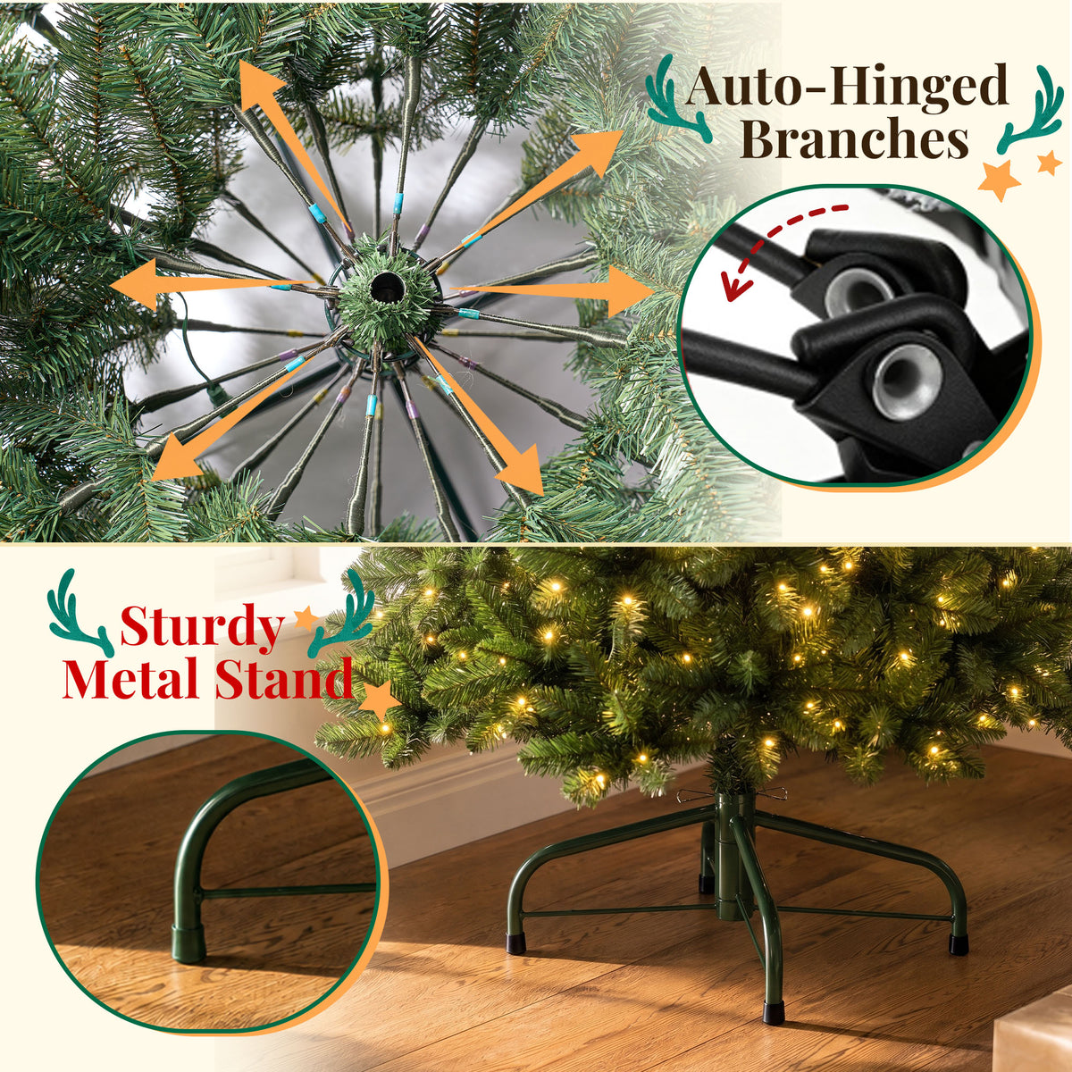 Goosiay Pre-Lit Artificial Christmas Tree, 4ft, 150 Warm White & Multi-Colored 10 Modes LED Lights, Metal Stand, 360 Branch Tips, Green