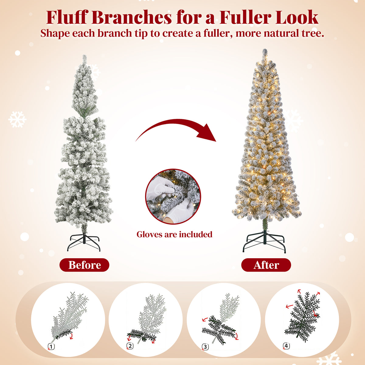 Goosiay 6ft Snow Flocked Pencil Christmas Tree, Pre-Lit Artificial Christmas Tree with 500 Tips, 250 Warm White & Multicolor Lights, 10 Modes, Slim Xmas Tree with Stand
