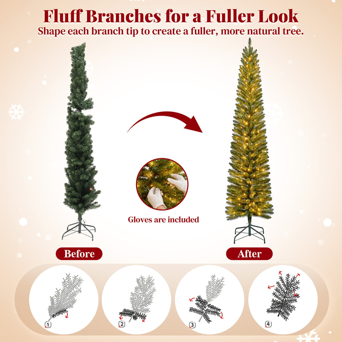 9ft Pre-litPencil Christmas Tree, Prelit Artificial Christmas Tree with 800 Tips, 380 Warm White & Multicolor Lights, 10 Modes, Green Xmas Tree with Stand
