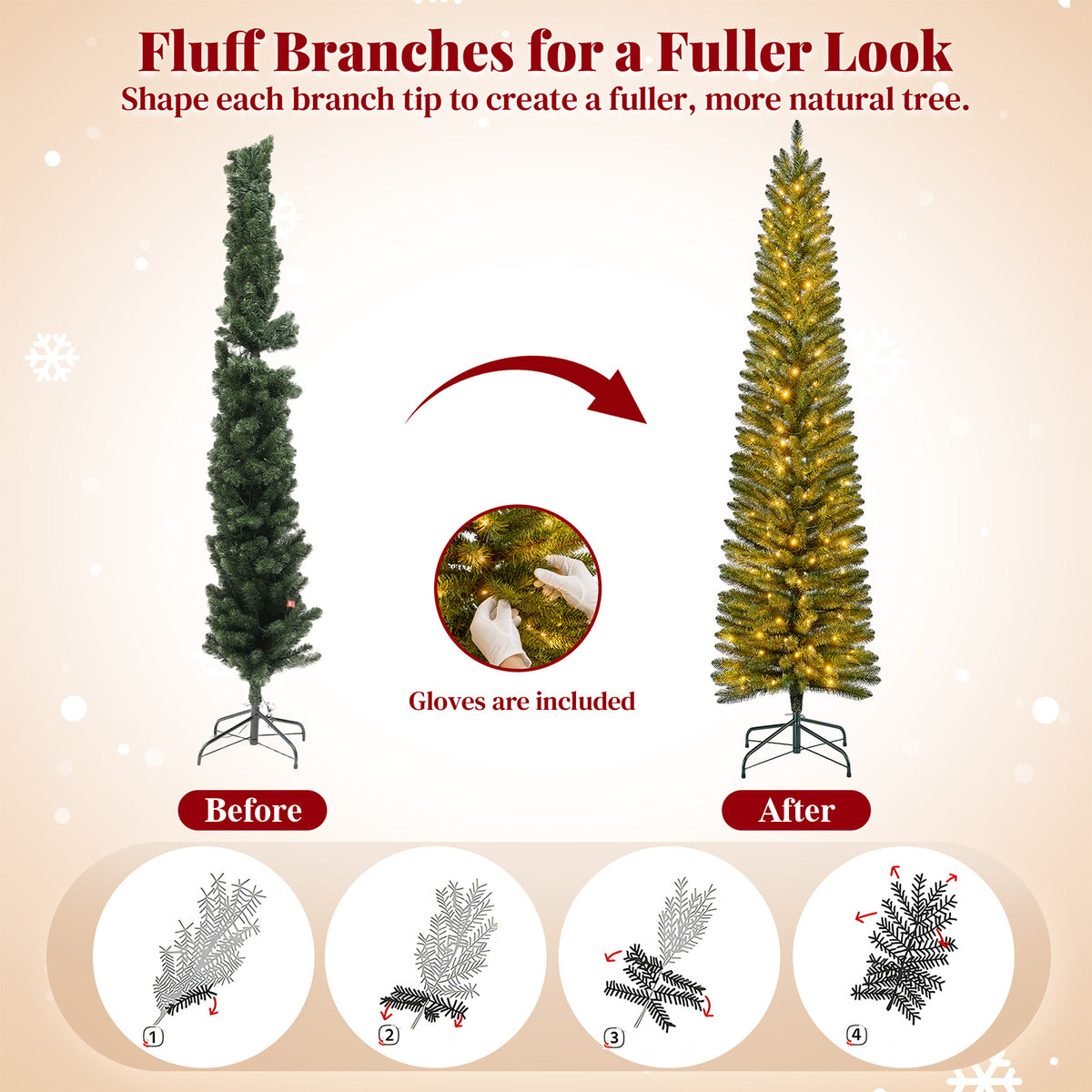 Goosiay Pre-Lit Pencil Artificial Christmas Tree, 7ft Xmas Tree with Metal Stand for Christmas Decoration, Green