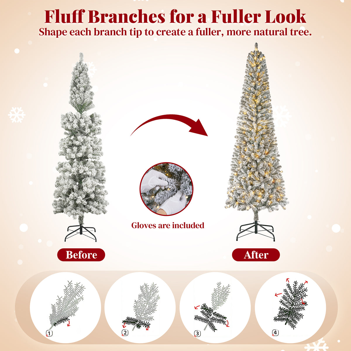 9ft Snow Flocked Pencil Christmas Tree, Pre-Lit Artificial Christmas Tree with 1250 Tips, 400 Warm White & Multicolor Lights, 10 Modes, Tall Slim Xmas Tree with Stand