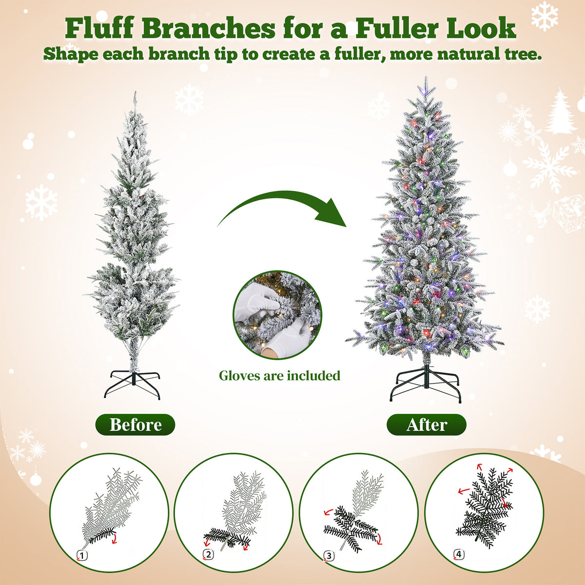 6 ft Pre-Lit Snow Flocked Slim Aspen Fir Artificial Christmas Tree, 900 PE & PVC Tips, 250 Warm White & Multicolor LED Lights
