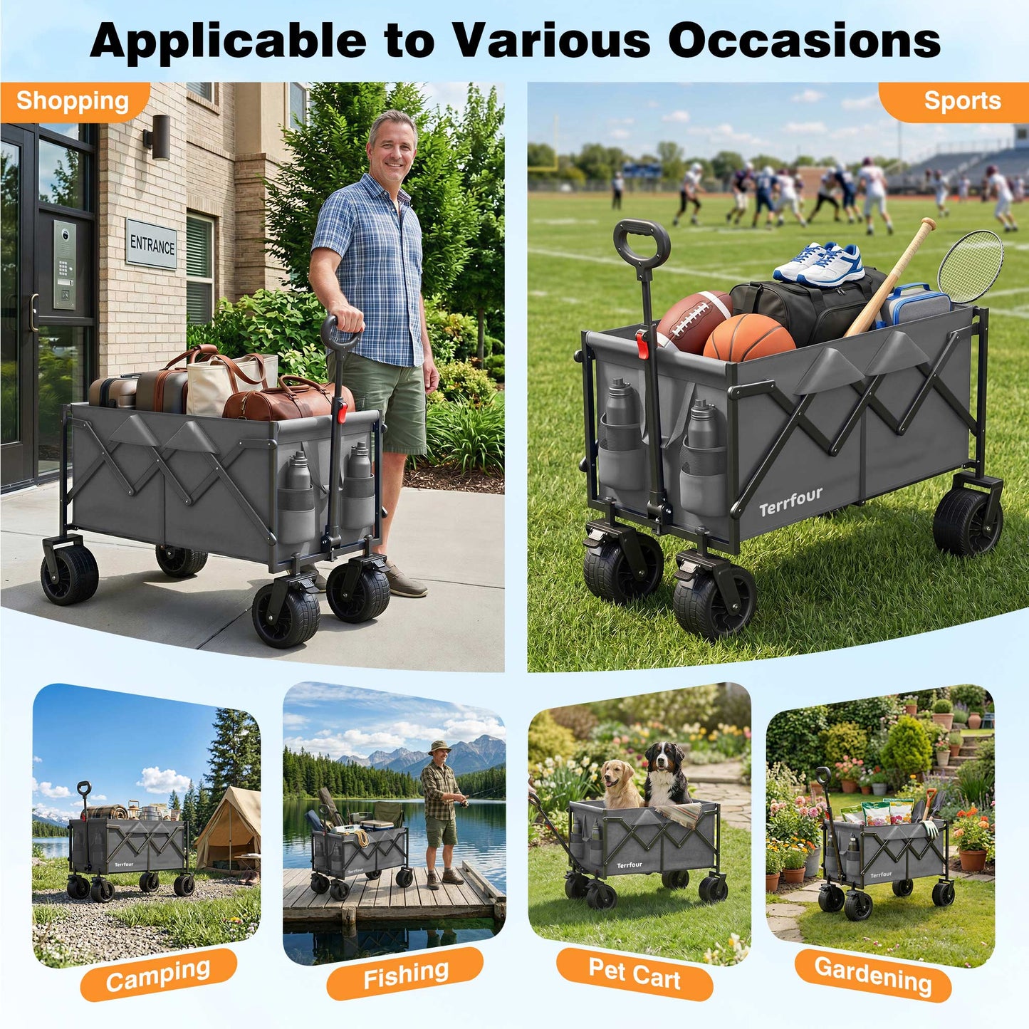 580LBS Portable Foldable Wagon Cart, Collapsible Utility Heavy Duty Wagons Carts for Grocery Sports Garden Shopping Camping,Gray