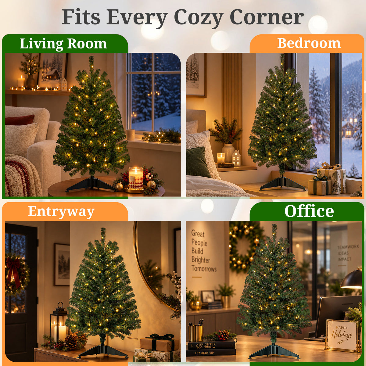 3ft Pre-Lit Christmas Tree with Warm White LED Lights, Small Green Xmas Tree for Indoor Living Room, Bedroom Holiday Decor