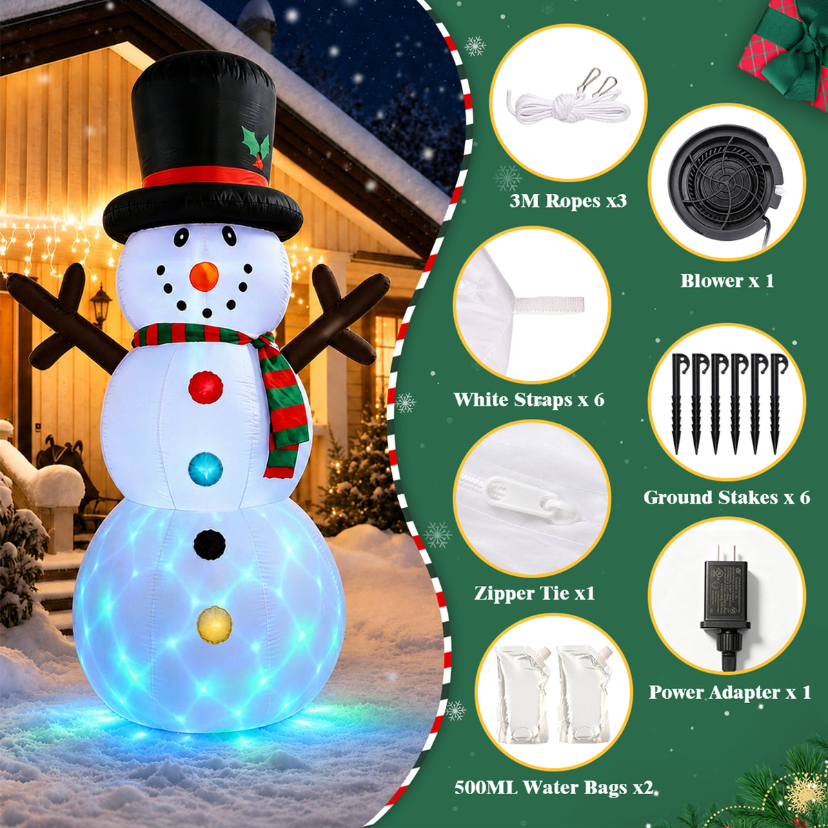 8FT Christmas Inflatable Snowman, Built-in Rotating Color LED light up for Lawn Yard Garden Decoration Indoor Outdoor Xmas Party Decor