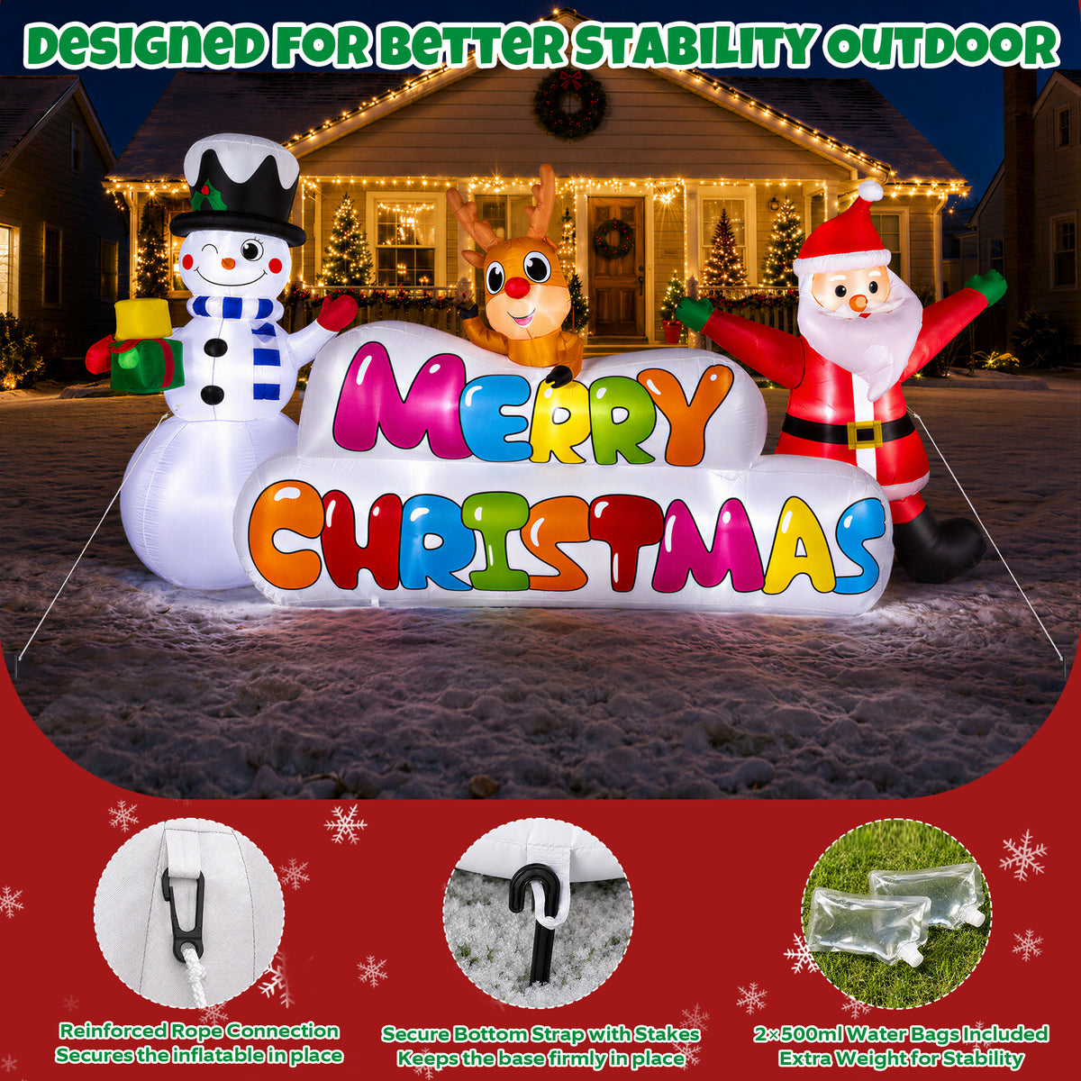 Goosiay 10FT Long Christmas Inflatable with Santa,Snowman and Reindeer,Giant Xmas Blow Up with Lighted Merry Christmas Sign for Outdoor Yard,Lawn,Garden Decor