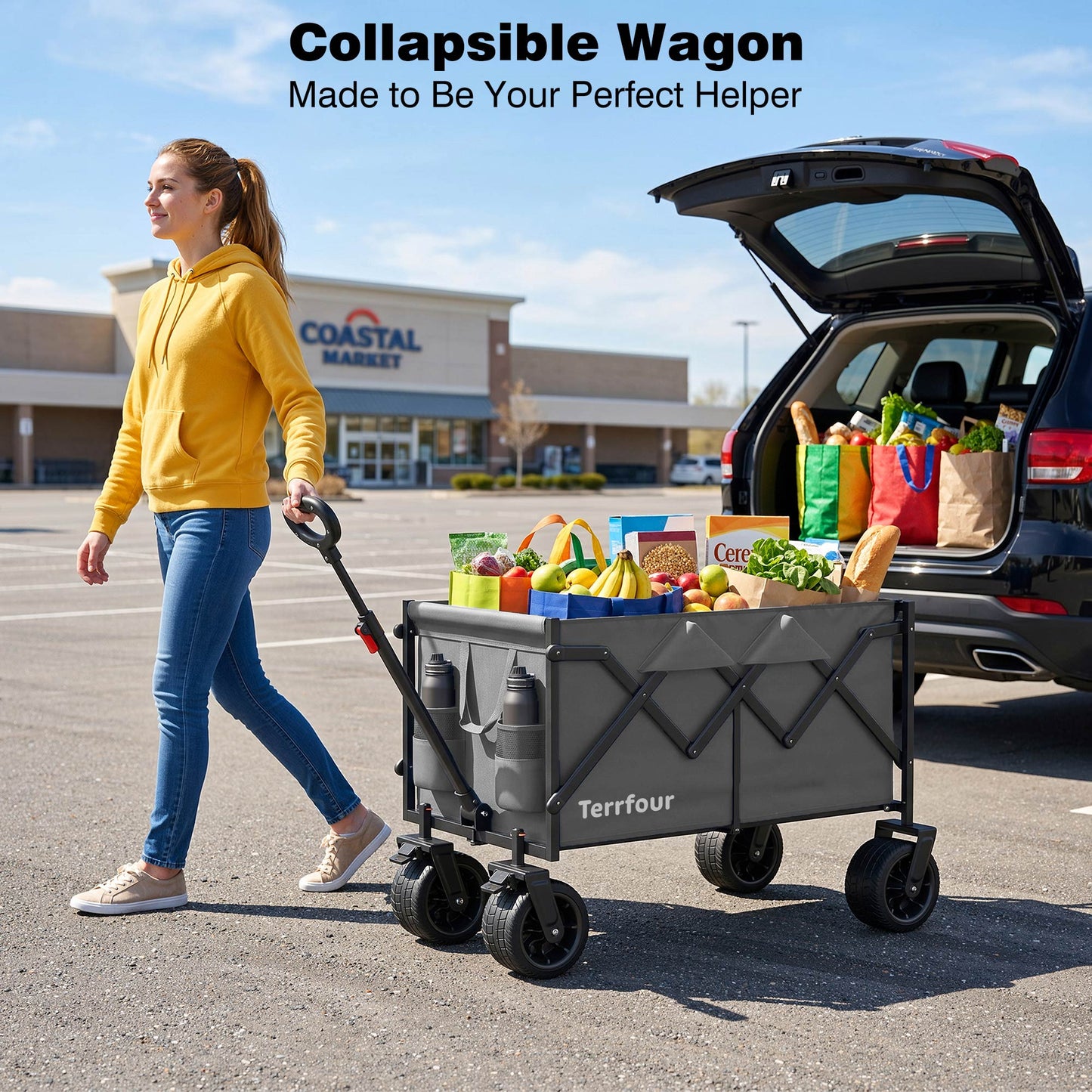 580LBS Portable Foldable Wagon Cart, Collapsible Utility Heavy Duty Wagons Carts for Grocery Sports Garden Shopping Camping,Gray