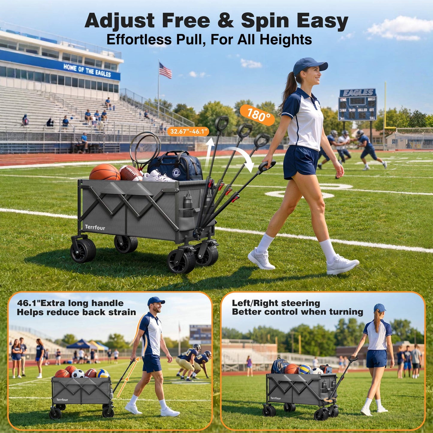 580lbs Portable Foldable Wagon Cart, Collapsible Utility Heavy Duty Wagons Carts for Grocery Sports Garden Shopping Camping,Gray
