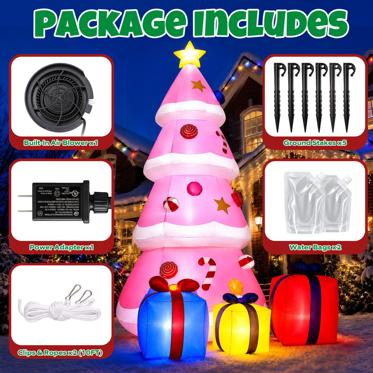 Goosiay 9ft Tall Pink Christmas Inflatables Tree with LED Lights and Gift Boxes, Outdoor Yard Decor