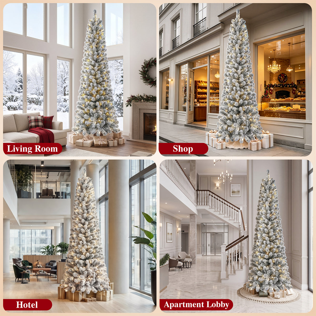 9ft Snow Flocked Pencil Christmas Tree, Pre-Lit Artificial Christmas Tree with 1250 Tips, 400 Warm White & Multicolor Lights, 10 Modes, Tall Slim Xmas Tree with Stand