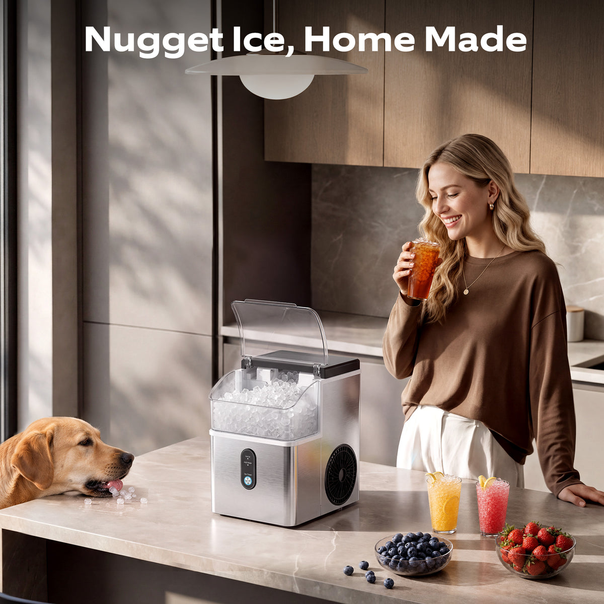 Goosiay Nugget Countertop Ice Maker, 33 lbs Daily Crushed Pellet Pebble Ice Maker Machine Portable Countertop, Stainless Steel, Silver