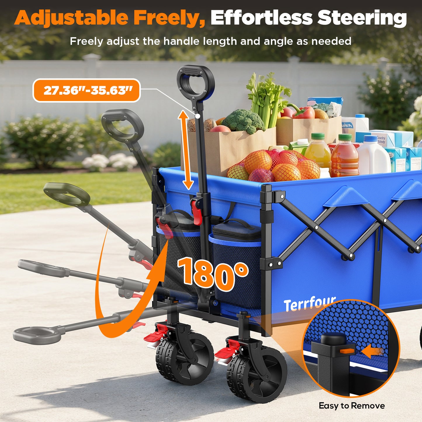 Terrfour 430 lb Heavy Duty Collapsible Folding Wagon Cart with Extended Tailgate and All-Terrain Wheels for Grocery, Shopping, Sports, Blue