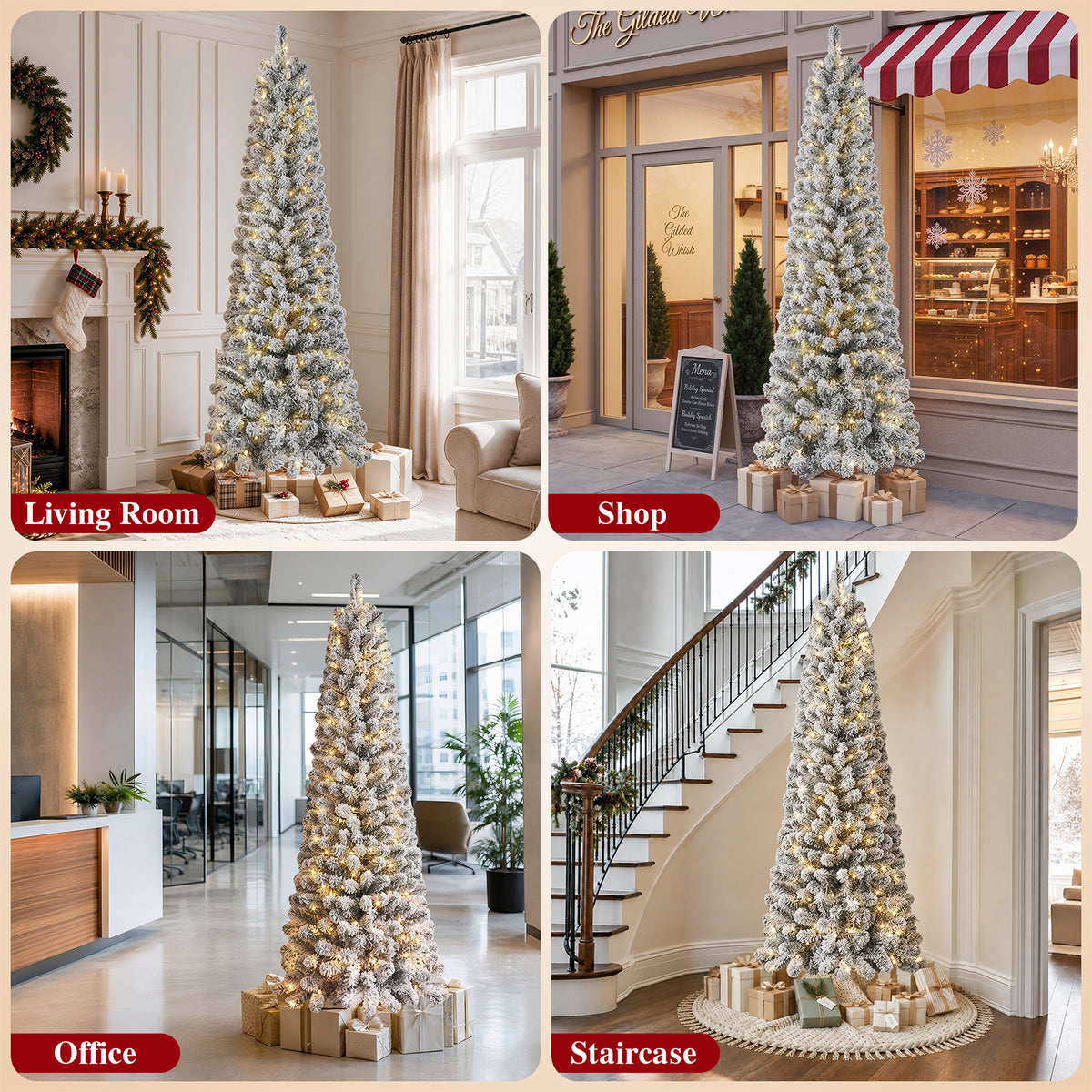 Goosiay 7ft Snow Flocked Pencil Christmas Tree, Pre-Lit Artificial Christmas Tree with 640 Tips,300 Warm White & Multicolor Lights, 10 Modes, Slim Xmas Tree with Stand