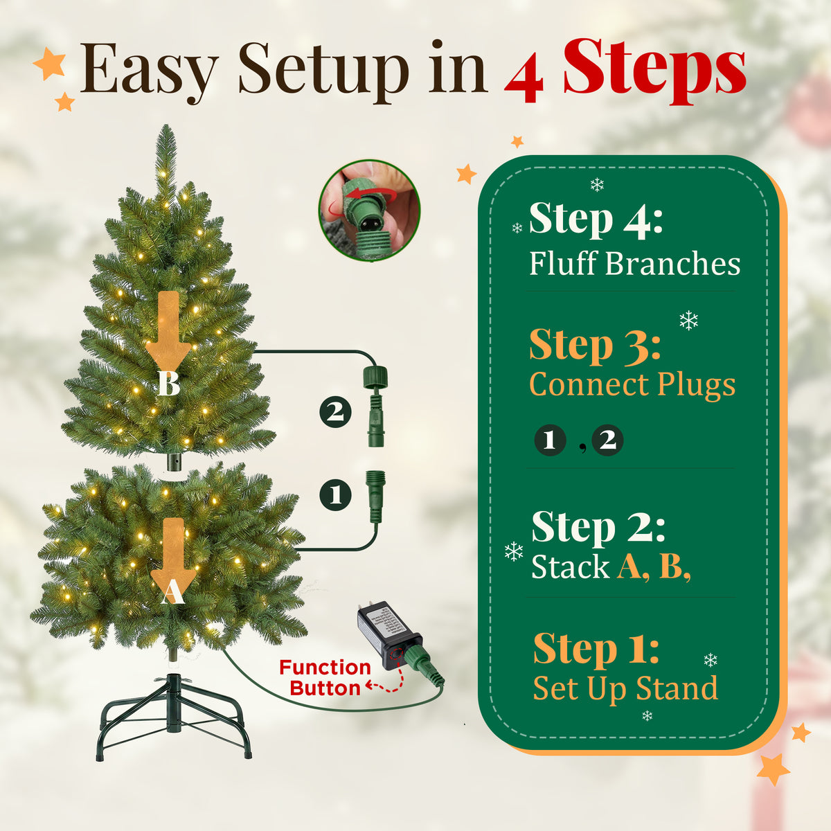 Goosiay Pre-Lit Artificial Christmas Tree, 4ft, 150 Warm White & Multi-Colored 10 Modes LED Lights, Metal Stand, 360 Branch Tips, Green