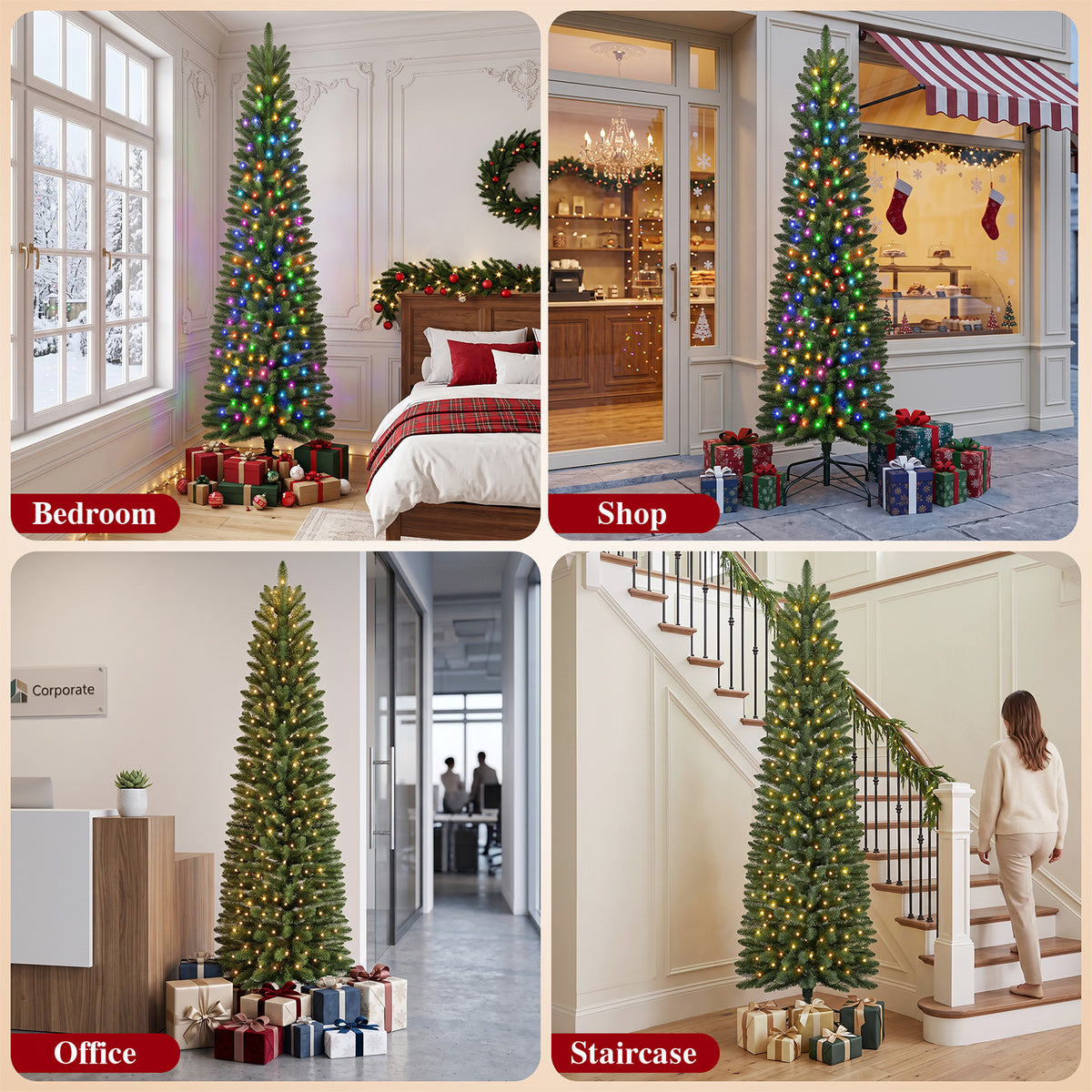 Goosiay Pre-Lit Pencil Artificial Christmas Tree, 7ft Xmas Tree with Metal Stand for Christmas Decoration, Green
