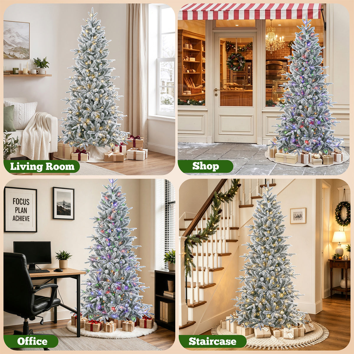 6 ft Pre-Lit Snow Flocked Slim Aspen Fir Artificial Christmas Tree, 900 PE & PVC Tips, 250 Warm White & Multicolor LED Lights
