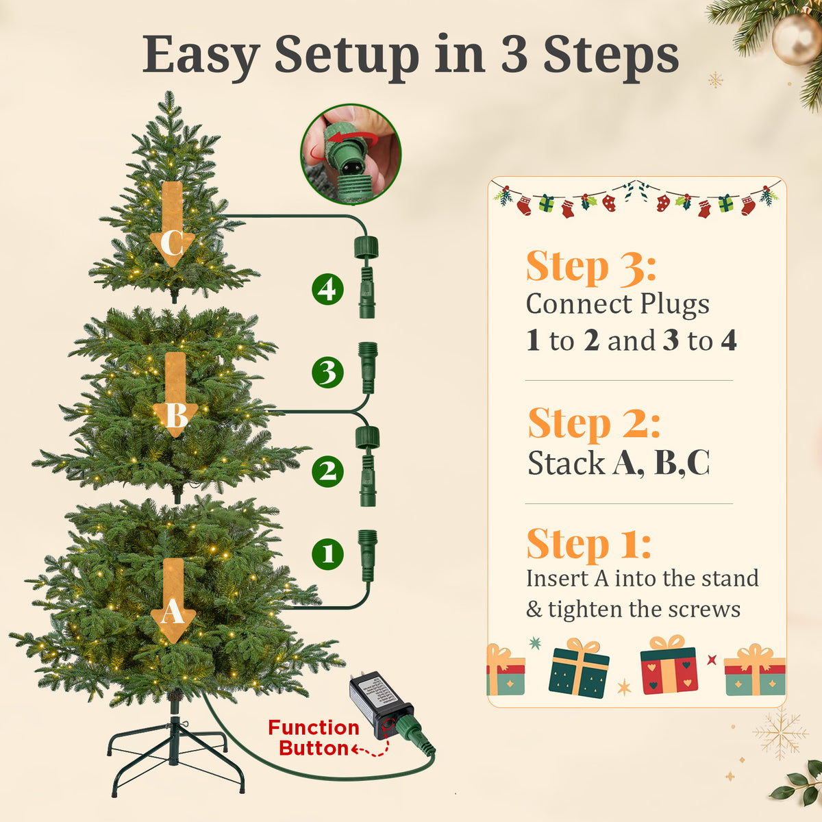 7ft Pre-Lit Christmas Tree with 2264 Branch Tips, 350 Multicolor LED Lights, Slim Artificial Christmas Tree for Living Room