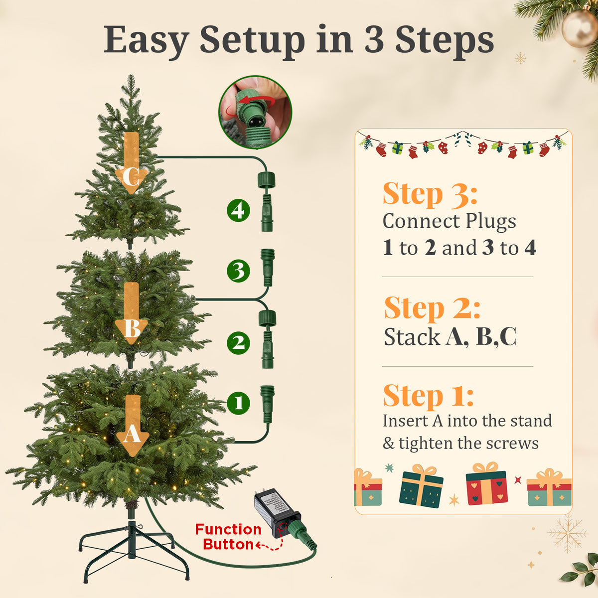 6FT Pre-Lit Artificial Christmas Tree with 250 LED Lights and 1495 PE%PVC Tips, 10-Function Multicolor Lights