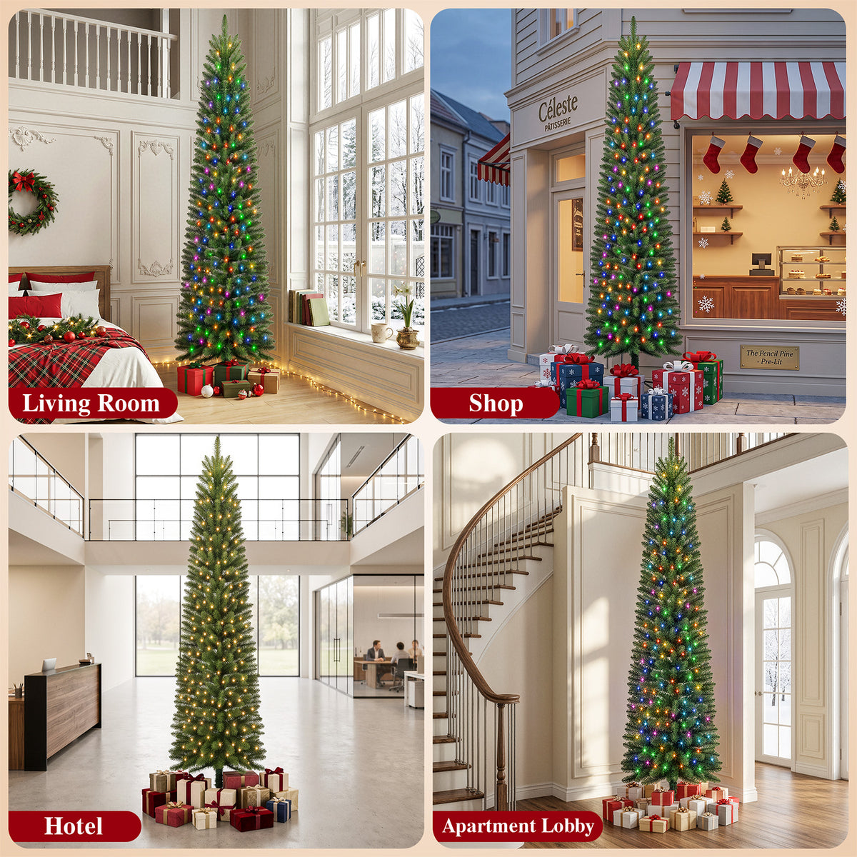 9ft Pre-litPencil Christmas Tree, Prelit Artificial Christmas Tree with 800 Tips, 380 Warm White & Multicolor Lights, 10 Modes, Green Xmas Tree with Stand