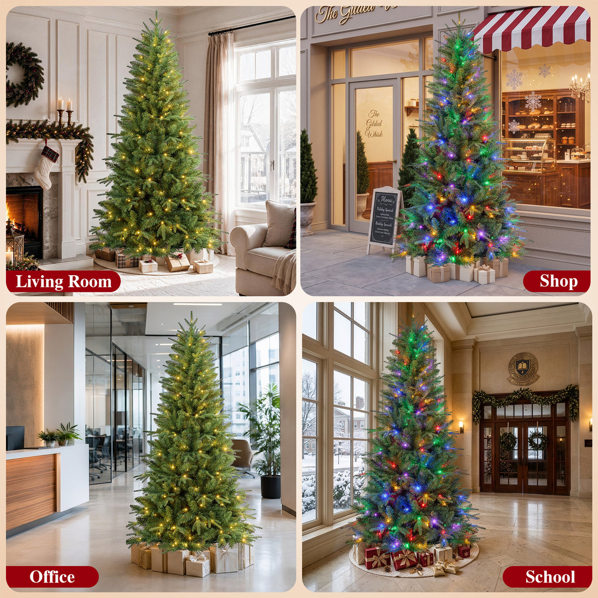 7ft Pre-Lit Artificial Christmas Tree, Aspen Fir with 1600 PE & PVC Mixed Branch Tips, Realistic Evergreen Tree with 300 Warm White & Multicolor LED Lights, 10 Lighting Modes
