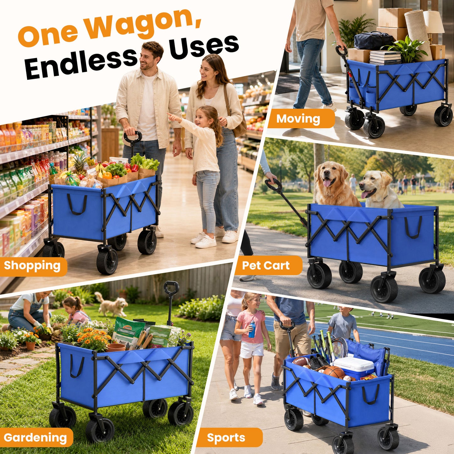 Goosiay Collapsible Wagon Cart, Folding Utility Heavy Duty Wagons for Grocery Sports Garden Shopping Camping, Blue