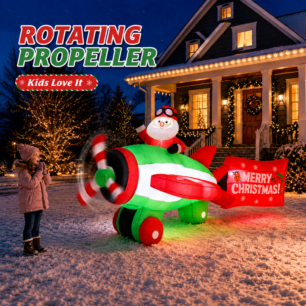 10.5ft Christmas Inflatables Outdoor Decorations, Santa Flying Airplane Christmas Blow Up with Built-in LEDs for Yard Lawn Garden Party