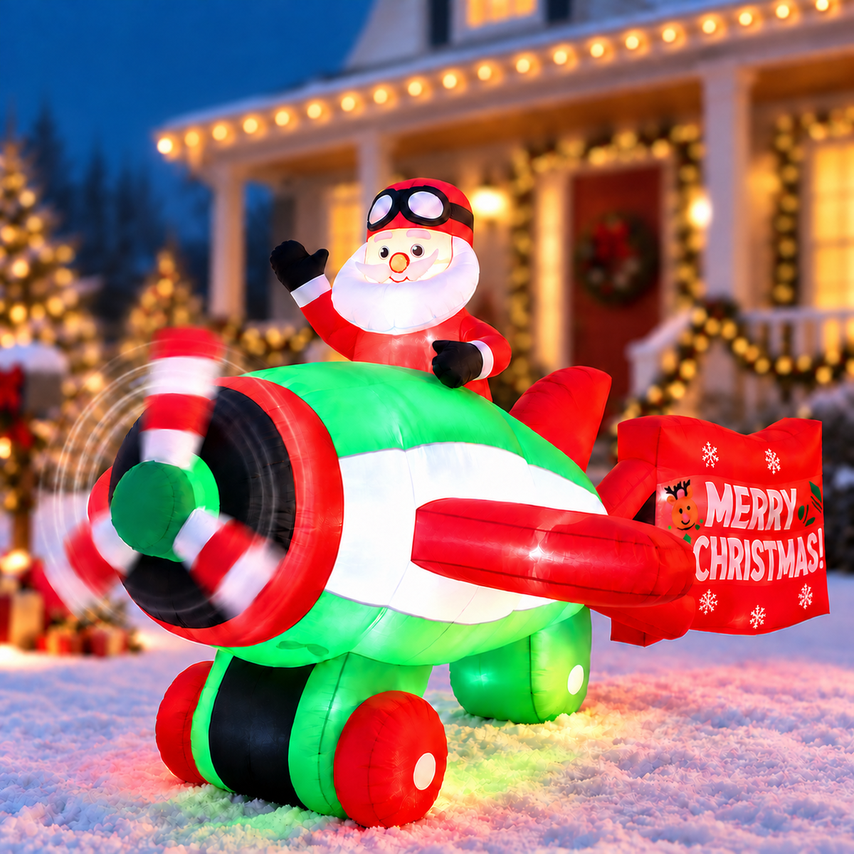 10.5ft Christmas Inflatables Outdoor Decorations, Santa Flying Airplane Christmas Blow Up with Built-in LEDs for Yard Lawn Garden Party