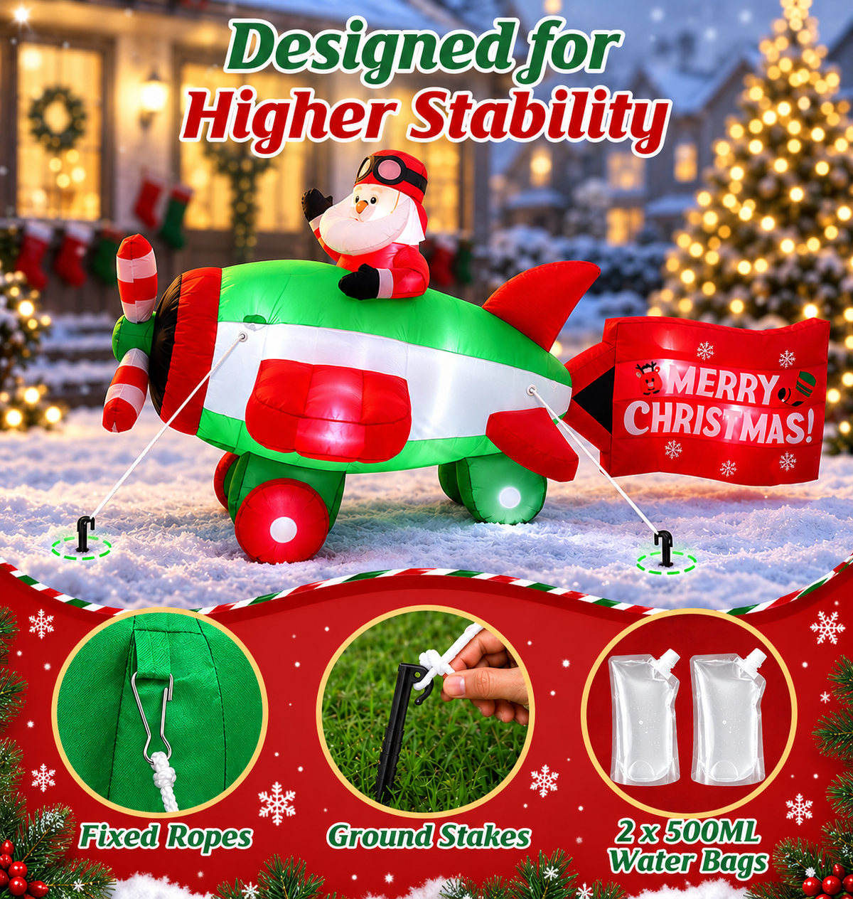 10.5ft Christmas Inflatables Outdoor Decorations, Santa Flying Airplane Christmas Blow Up with Built-in LEDs for Yard Lawn Garden Party