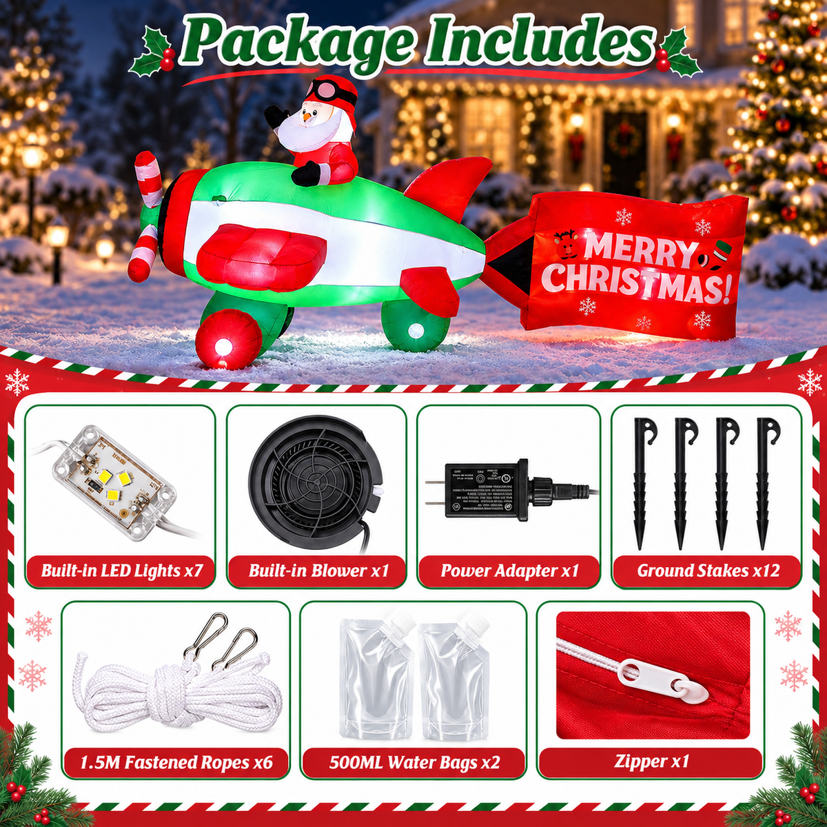 10.5ft Christmas Inflatables Outdoor Decorations, Santa Flying Airplane Christmas Blow Up with Built-in LEDs for Yard Lawn Garden Party