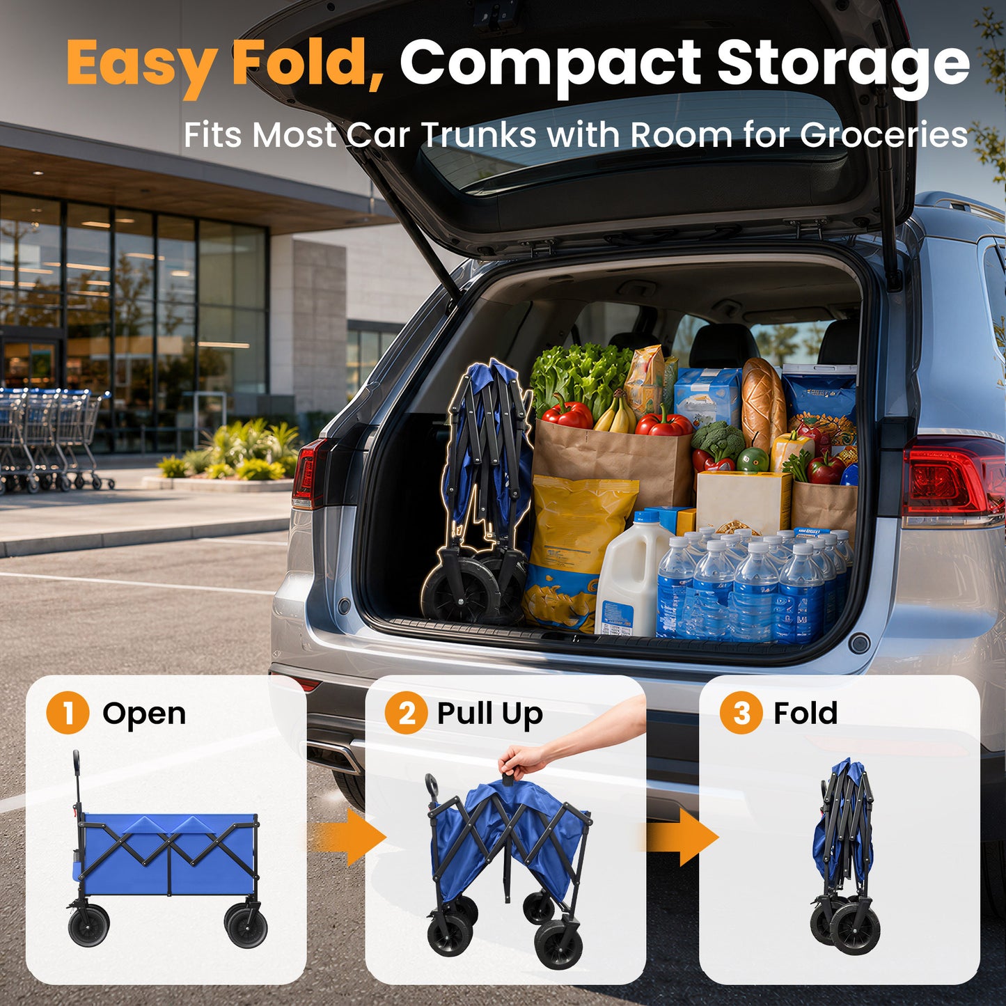 Goosiay Collapsible Wagon Cart, Folding Utility Heavy Duty Wagons for Grocery Sports Garden Shopping Camping, Blue