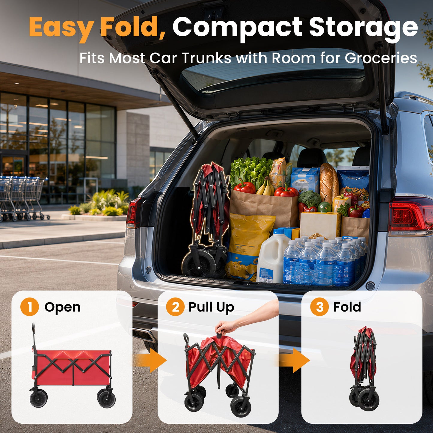 Goosiay 580LBS Collapsible Folding Wagon, Heavy Duty Utility Cart for Grocery, Shopping, Garden, Sports, Camping, Red
