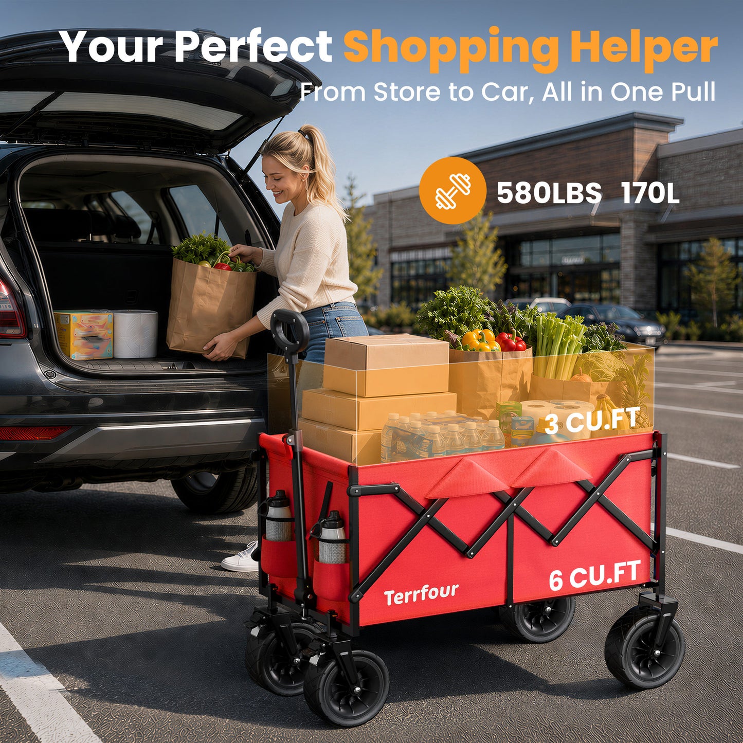 580LBS Collapsible Folding Wagon, Heavy Duty Utility Cart for Grocery