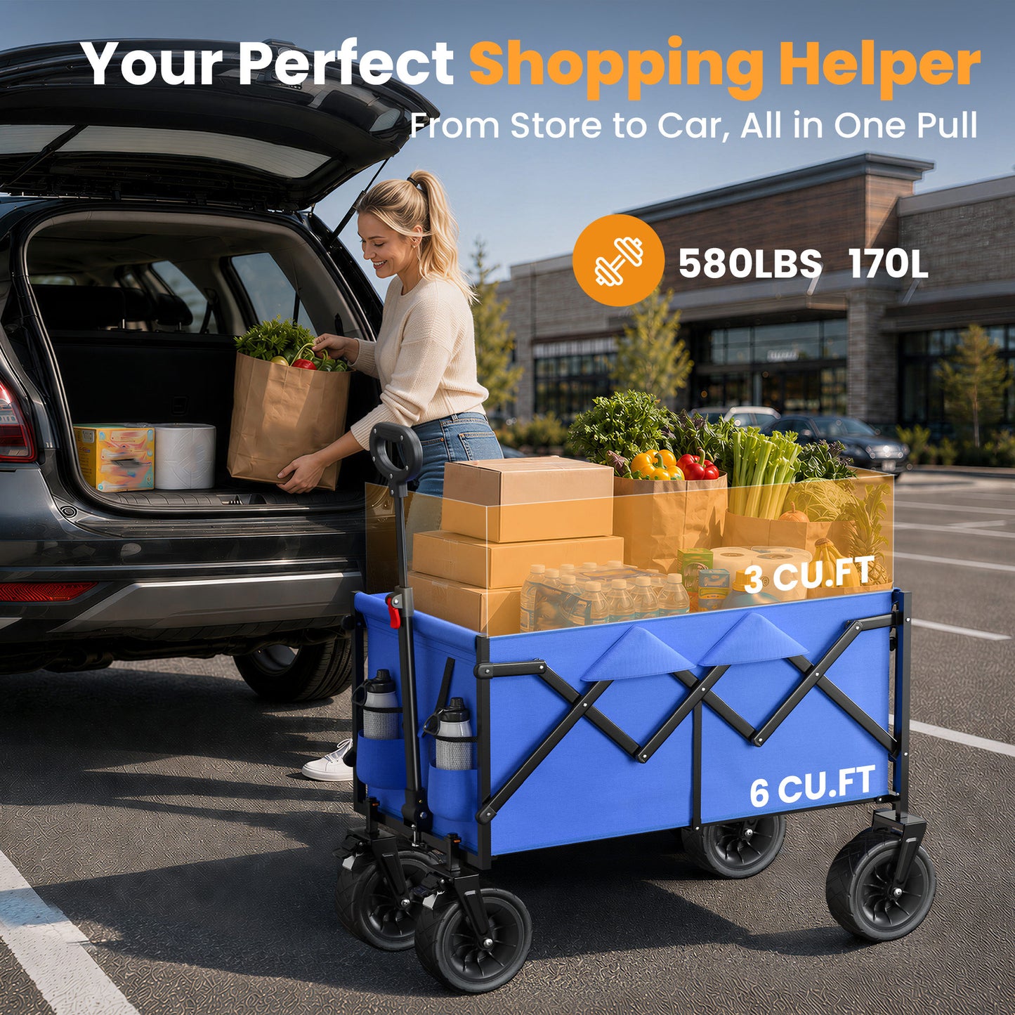 Goosiay Collapsible Wagon Cart, Folding Utility Heavy Duty Wagons for Grocery Sports Garden Shopping Camping, Blue