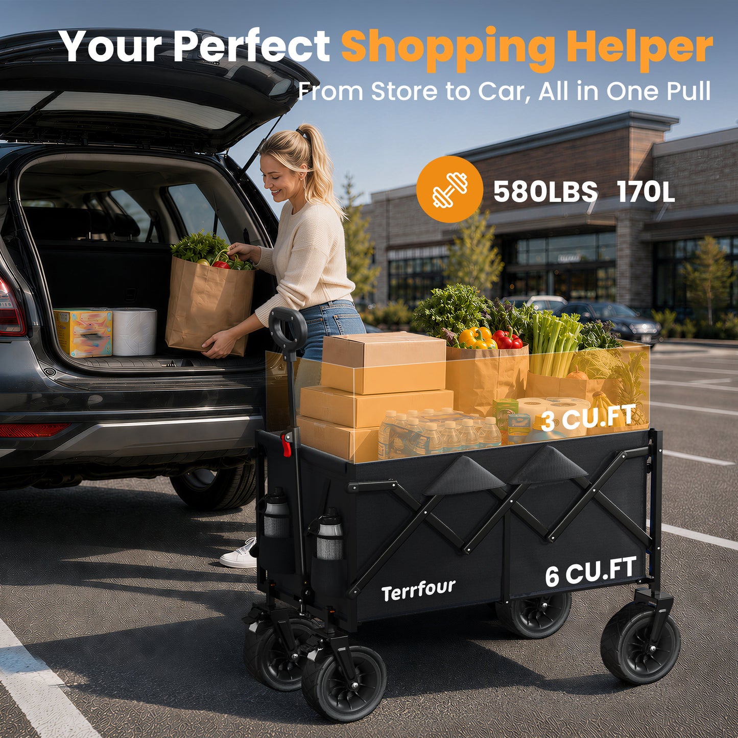 Collapsible Folding Wagon, 580LBS Portable Heavy Duty Utility Cart for Grocery