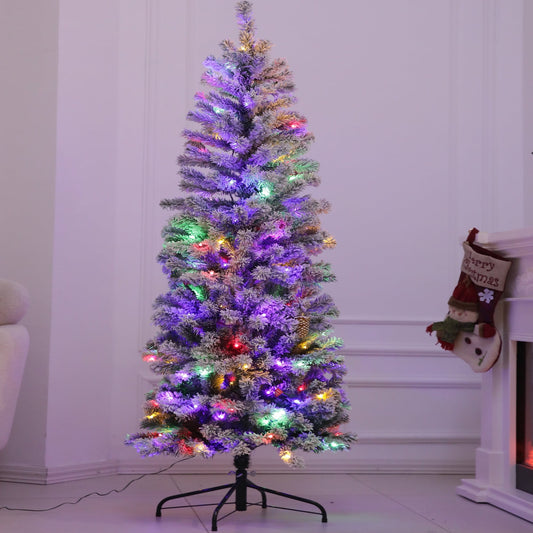 Goosiay 6ft Pre-Lit Flocked Pencil Christmas Tree with Dual Color Lights, Slim Skinny Xmas Tree with 10 Lighting Modes for Home Holiday Decoration