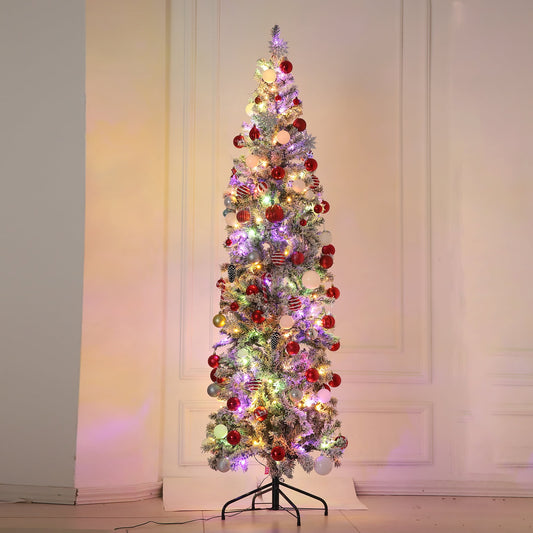 Goosiay 7ft Pre-Lit Artificial Snow Flocked Pencil Christmas Tree, Slim Holiday Xmas Tree with Warm White & Multicolor Lights, 10 Lighting Modes for Indoor Decoration