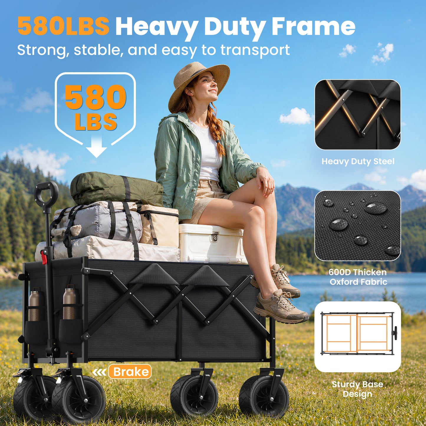 Goosiay Collapsible Folding Wagon, 580LBS Portable Heavy Duty Utility Cart for Grocery, Shopping, Garden, Sports, Camping, Black