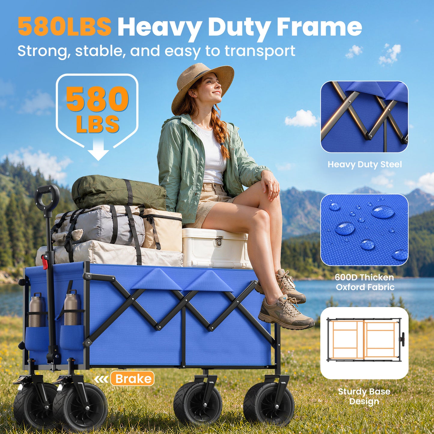 Goosiay Collapsible Wagon Cart, Folding Utility Heavy Duty Wagons for Grocery Sports Garden Shopping Camping, Blue
