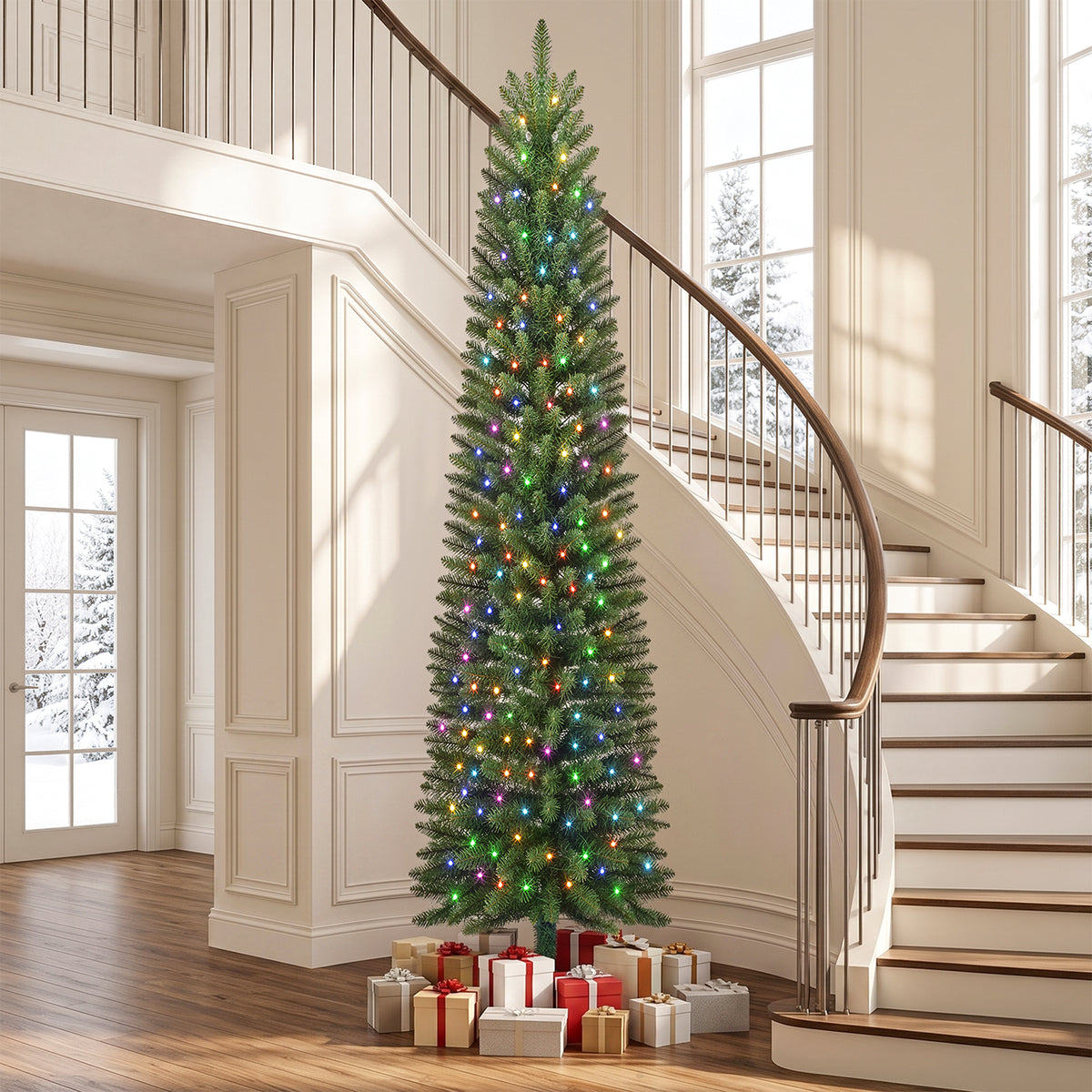 9ft Pre-litPencil Christmas Tree, Prelit Artificial Christmas Tree with 800 Tips, 380 Warm White & Multicolor Lights, 10 Modes, Green Xmas Tree with Stand
