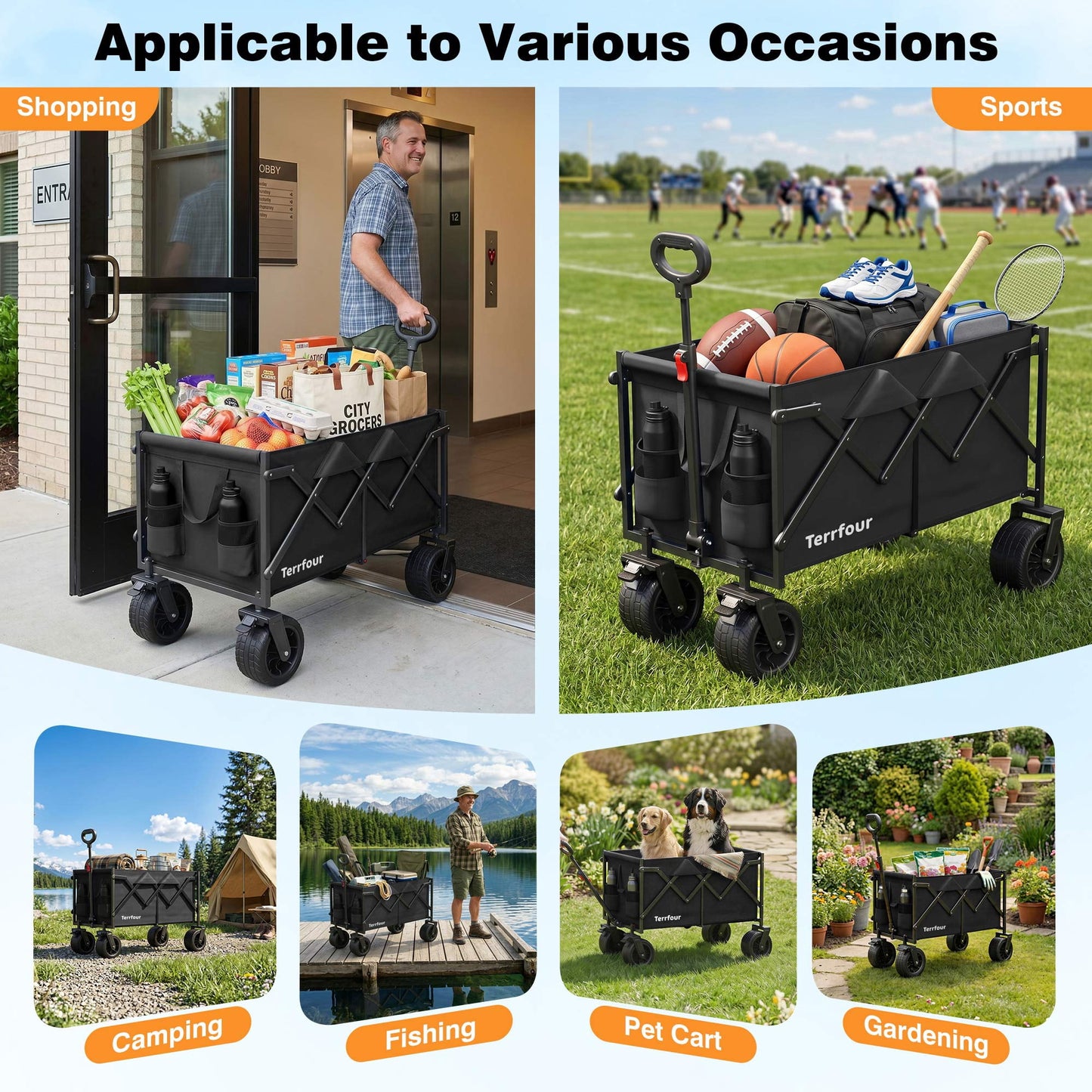 Goosiay Collapsible Wagon Cart with Tank Wheels, 580lbs Heavy Duty Folding Utility Wagon with Flexible Handle for Camping, Grocery, Garden, Sports & Shopping, Black
