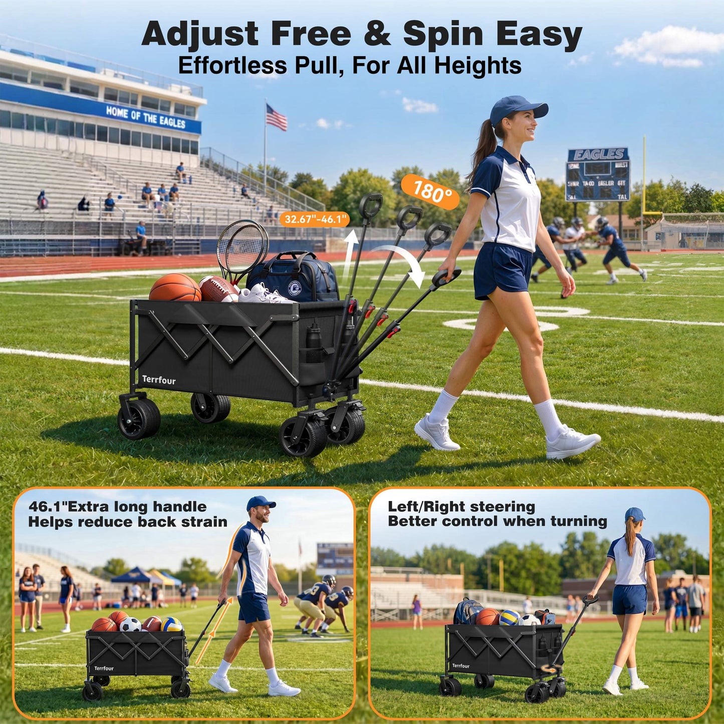 Goosiay Collapsible Wagon Cart with Tank Wheels, 580lbs Heavy Duty Folding Utility Wagon with Flexible Handle for Camping, Grocery, Garden, Sports & Shopping, Black